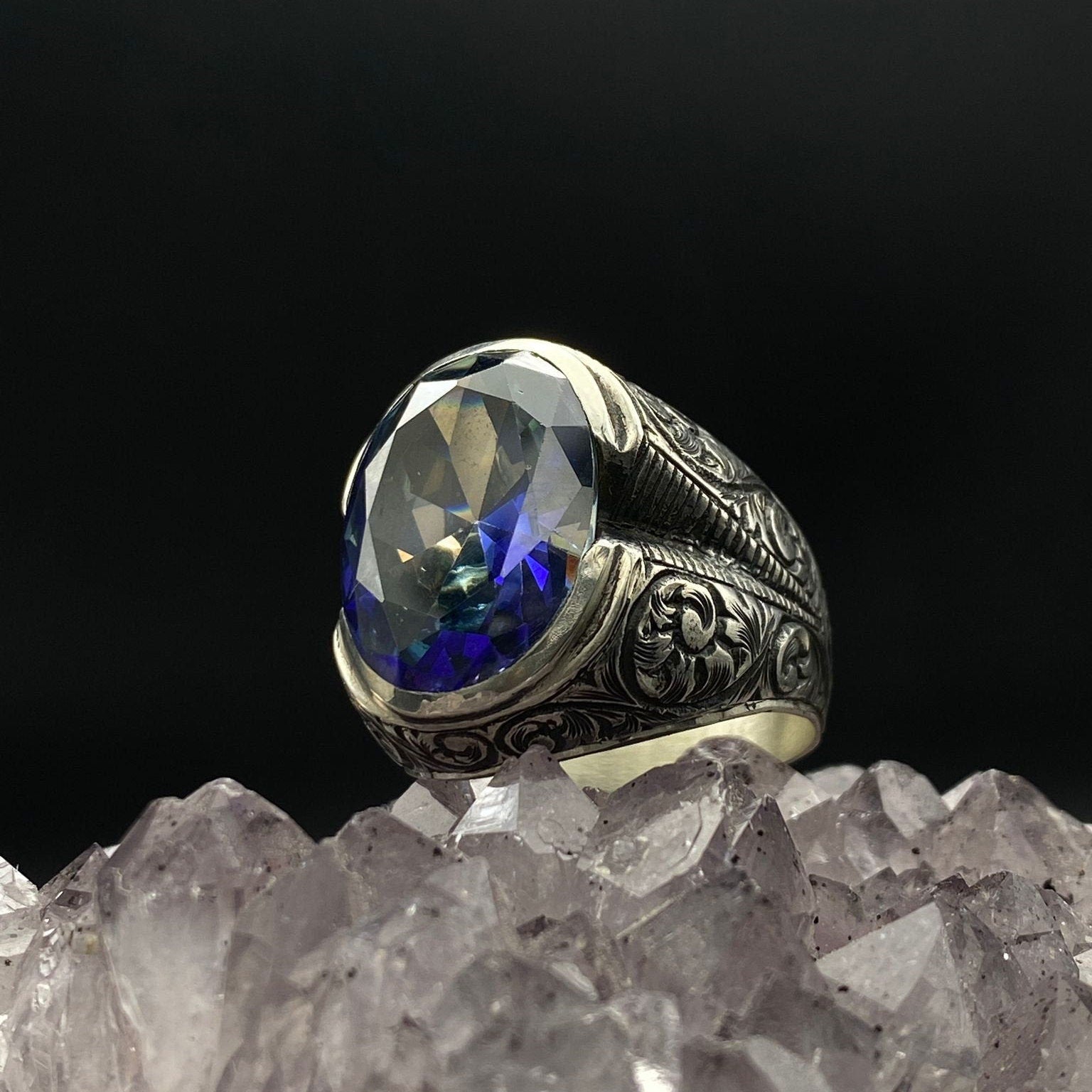 Engraved Blue Zircon Silver Ring for Him