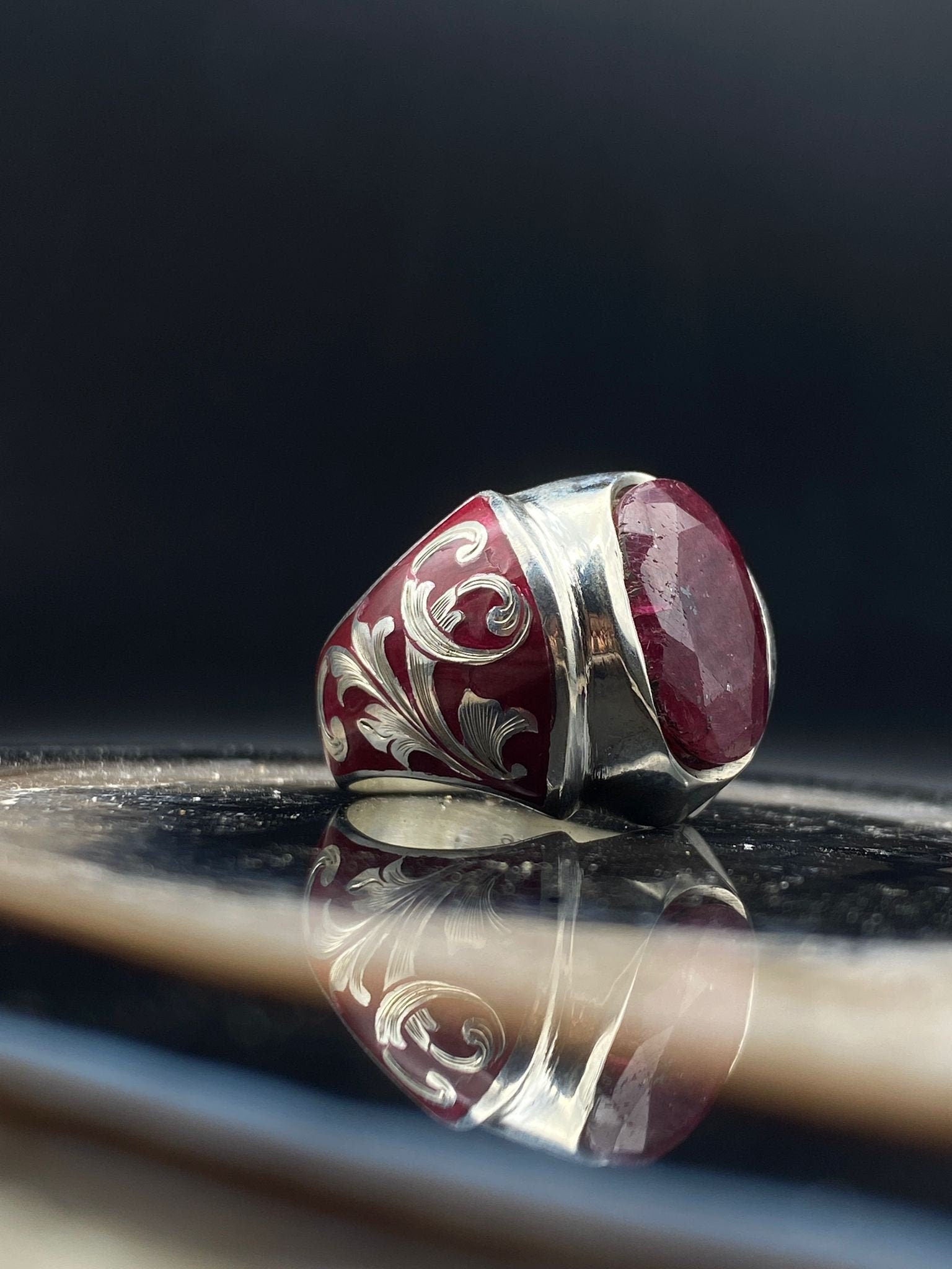 Red Enamel Ruby Gemstone Silver Ring Men