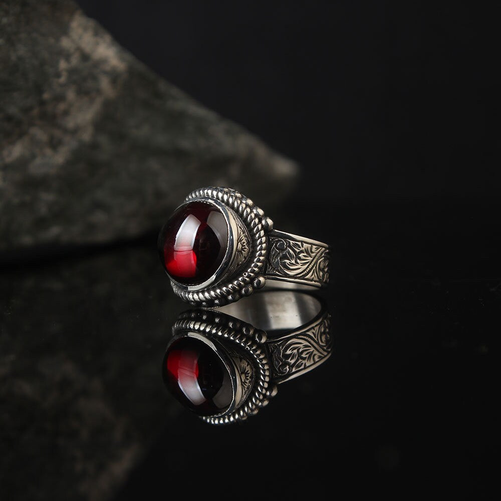 Handmade Red Zircon Engraved Silver Ring Men