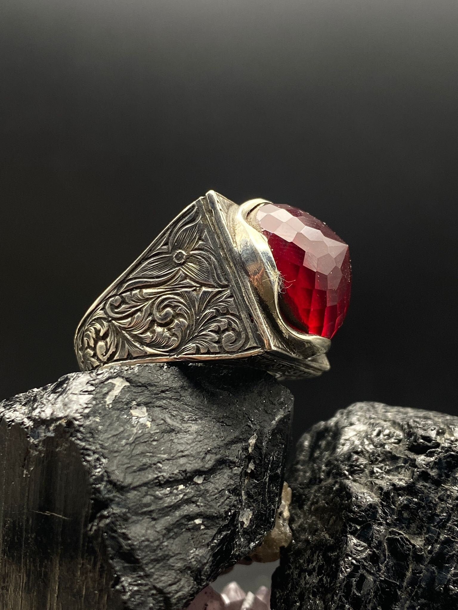 Engraved Red Zircon Ring Men