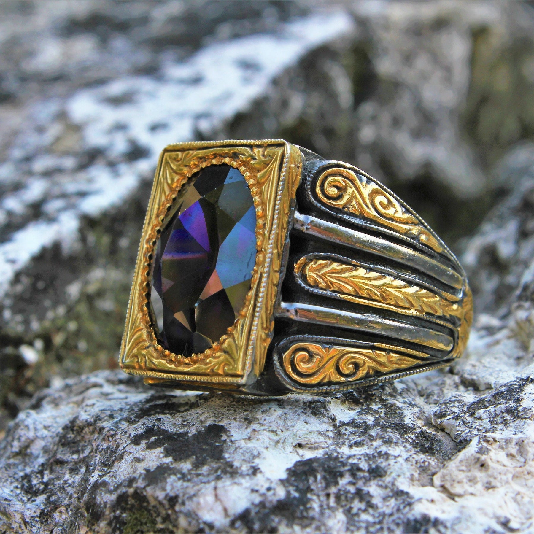 Gold Plated Mens Amethyst Silver Ring