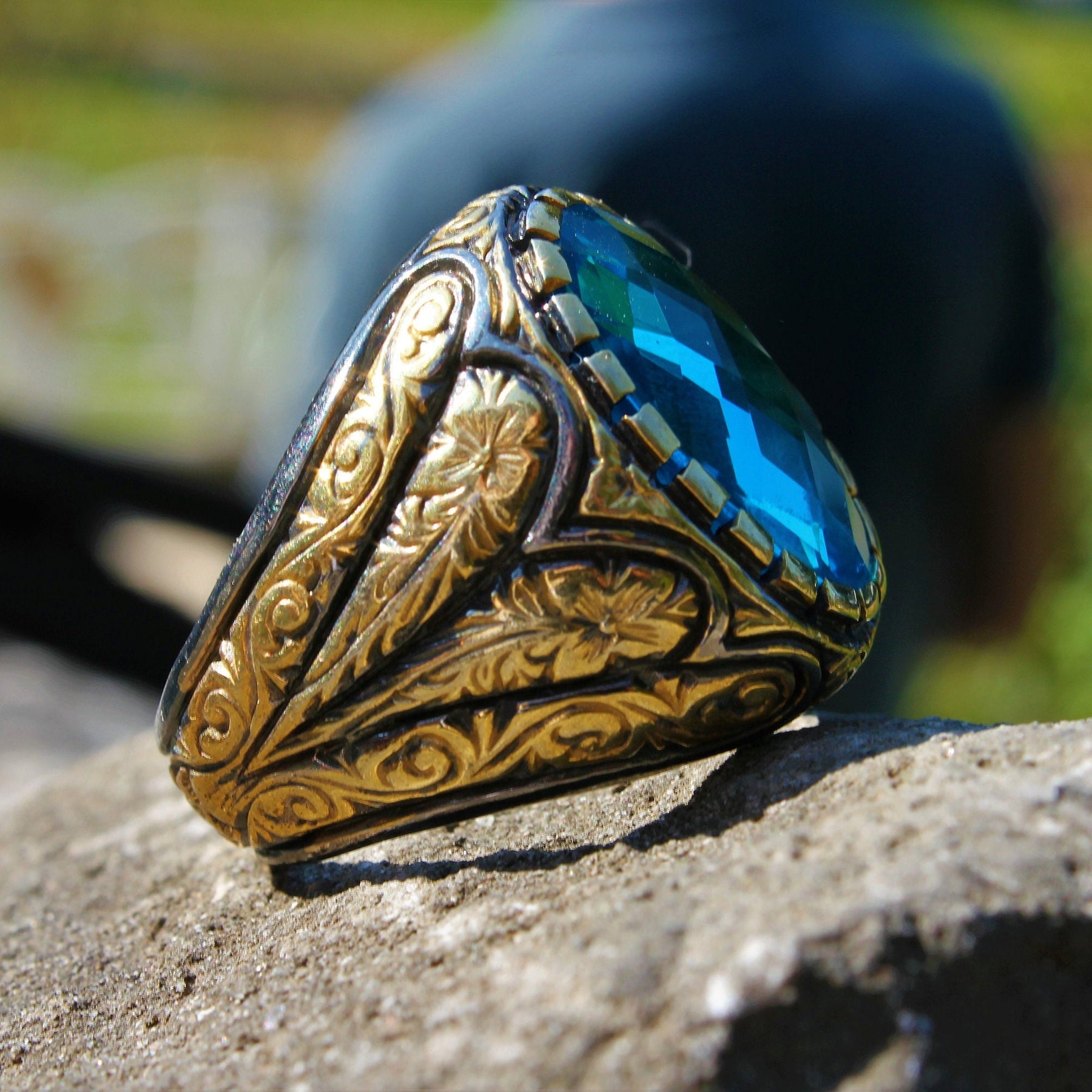 Gold Plated Blue Zircon Ring For Men