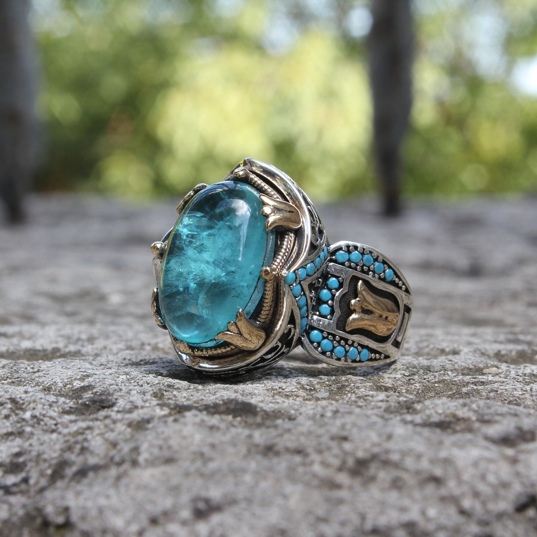 Cabochon Cut Blue Paraiba Tourmaline Silver Ring