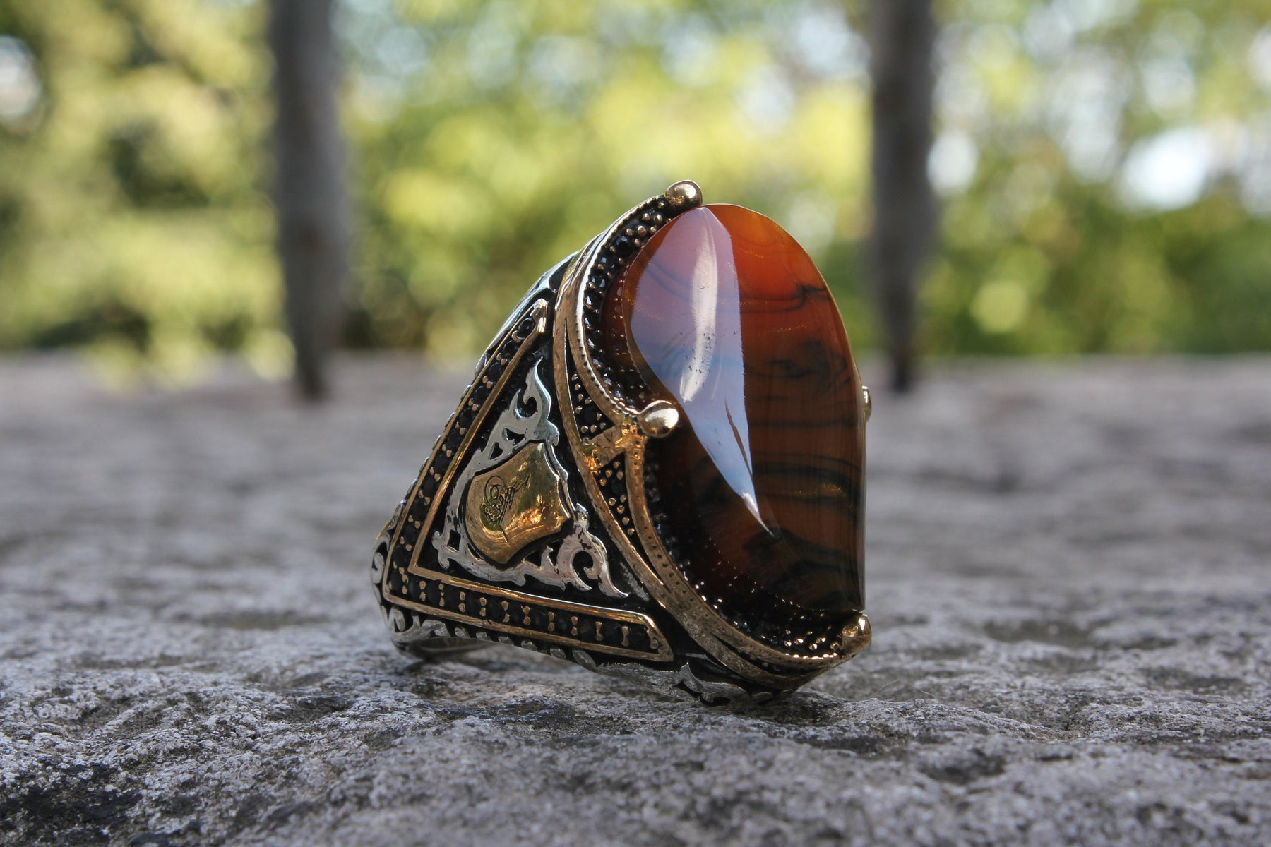 Orange Amber Stone Silver Ring