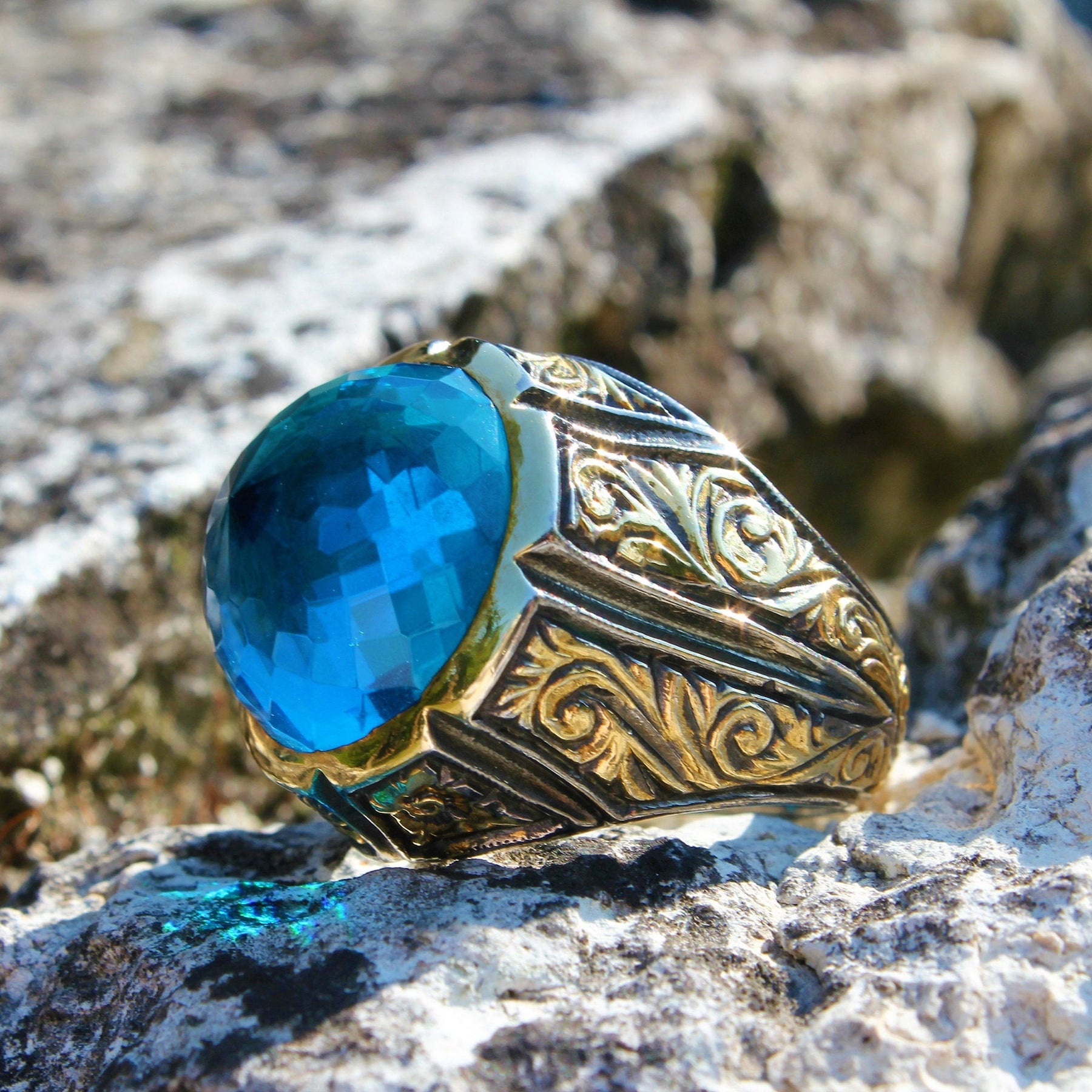 Rhodium Enhanced Blue Zircon Ring