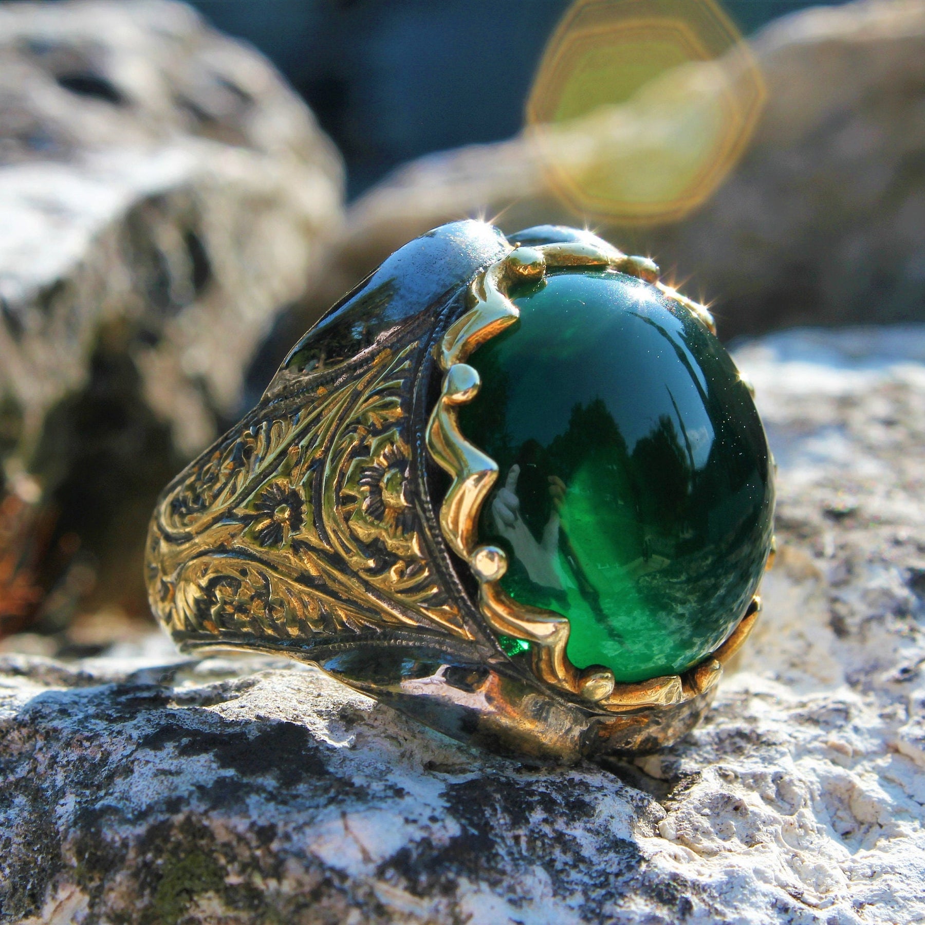 Gold Plated Green Amber Silver Ring