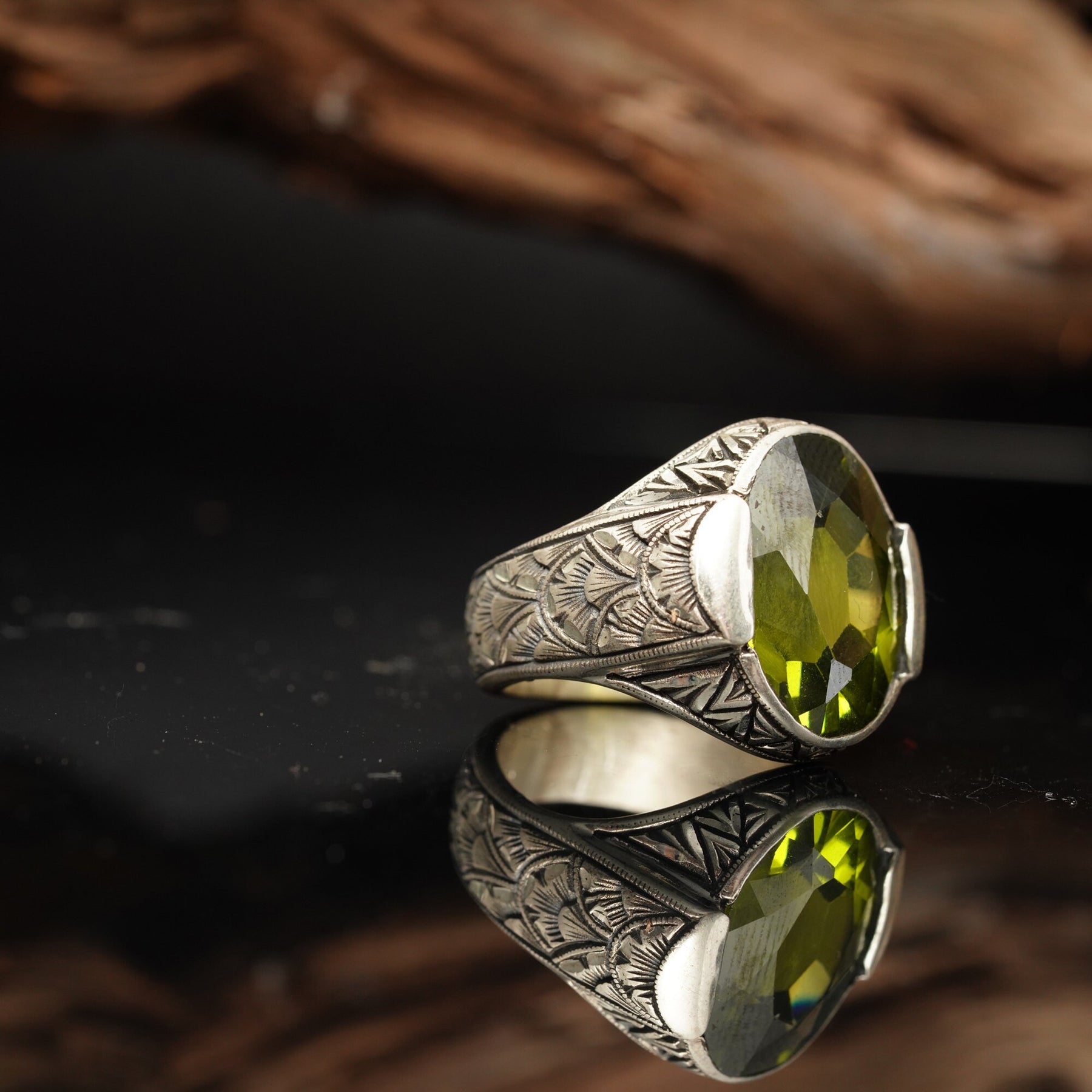 Handmade Engraved Green Zircon Ring