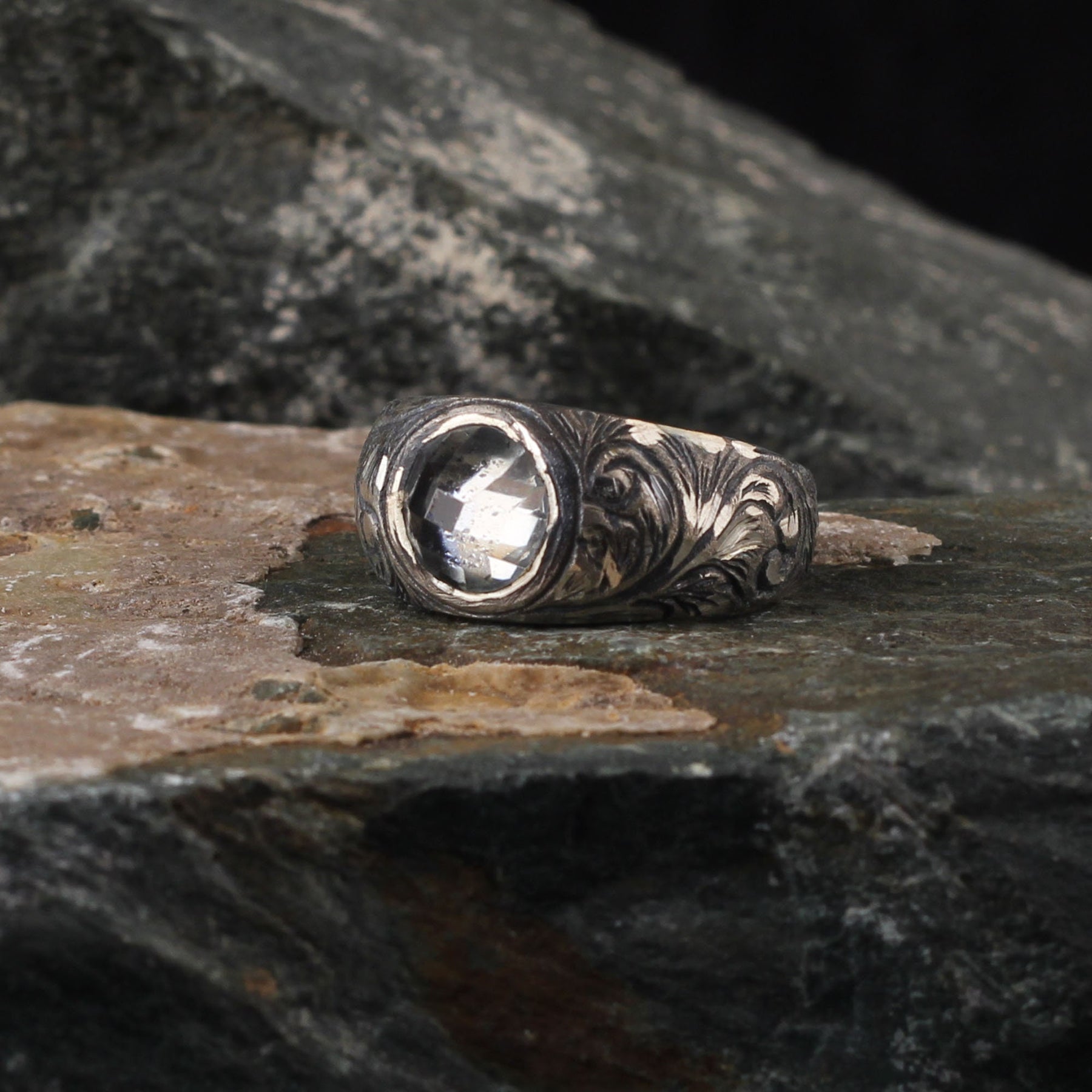 Simple Zircon Hand Engraved Silver Ring