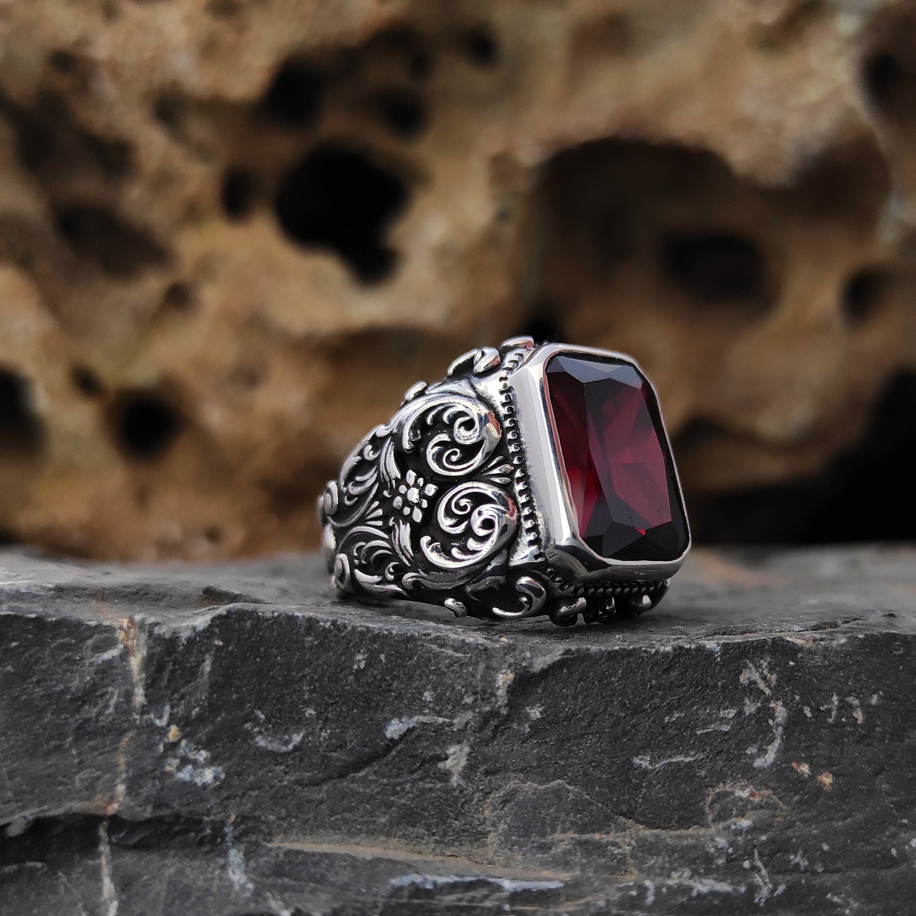 Handmade Engraved Red Zircon Stone Ring