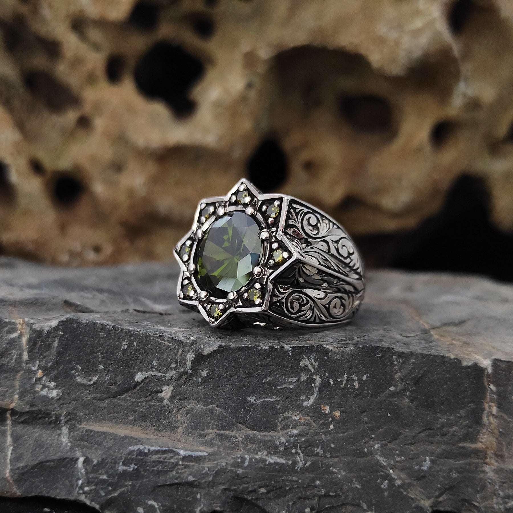 Engraved Green Zircon Men Ring