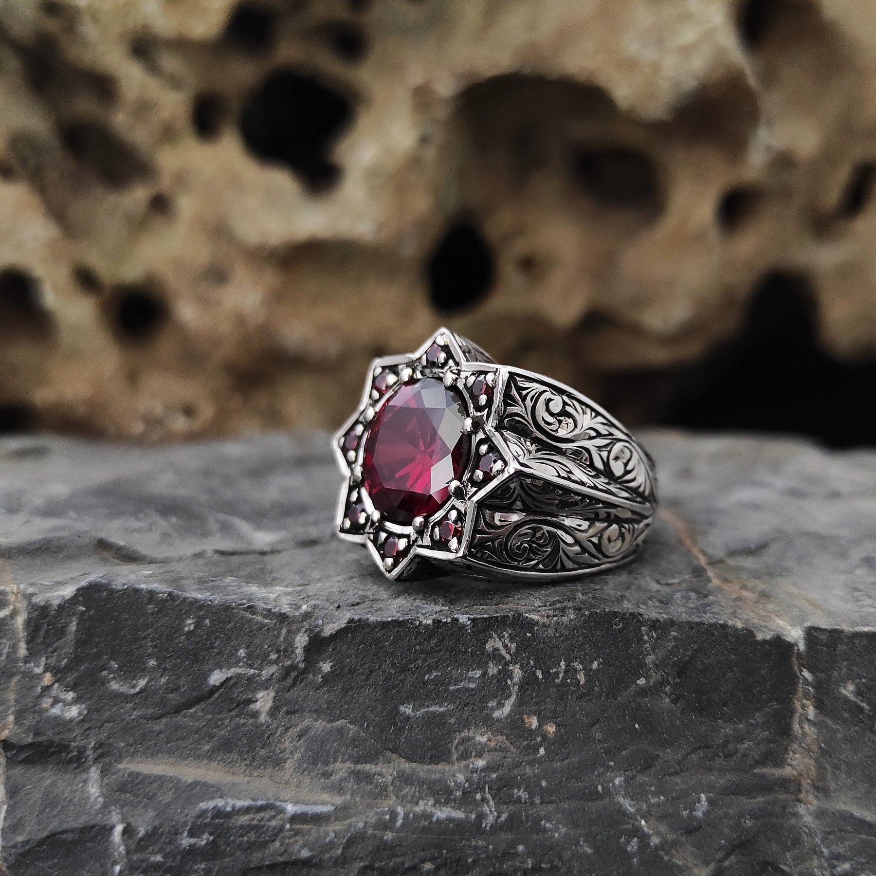 Handmade Engraved Red Zircon Stone Ring