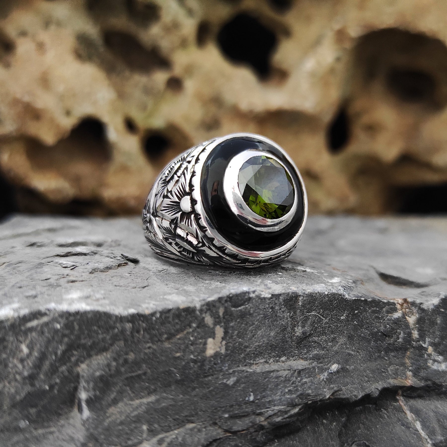 Green Zircon Silver Men's Ring