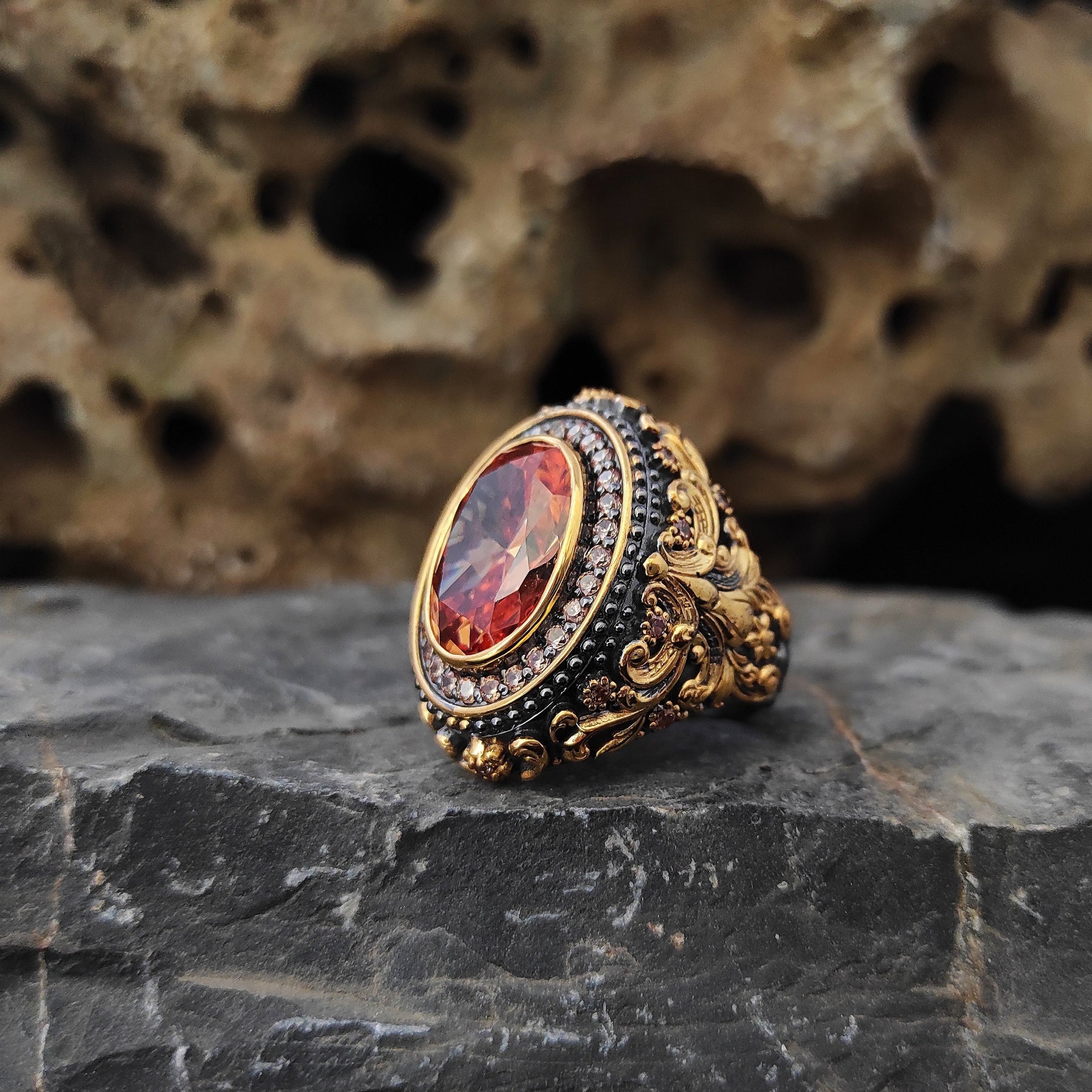 Baroque Style Champagne Zircon Ring