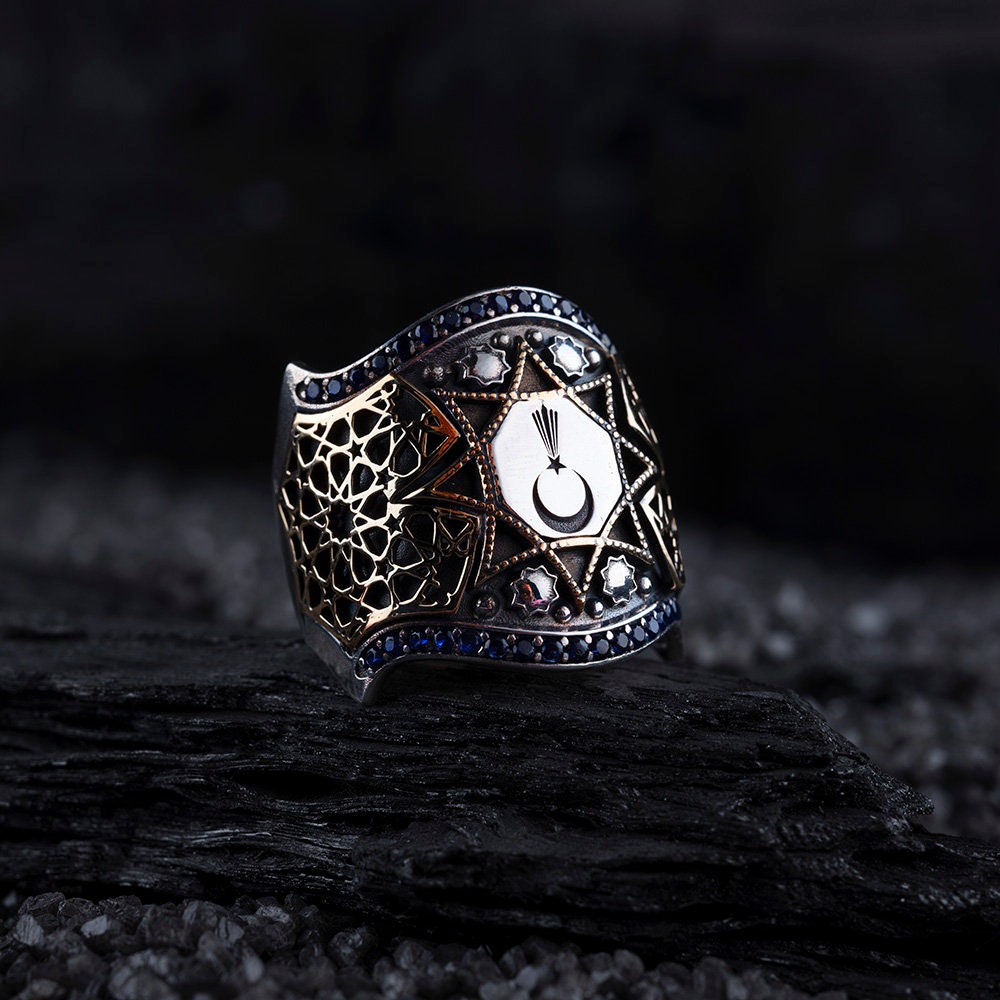 Dark Blue Zircon Star and Crescent Silver Ring